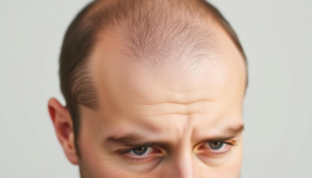 Early signs of balding: thinning temples, receding hairline